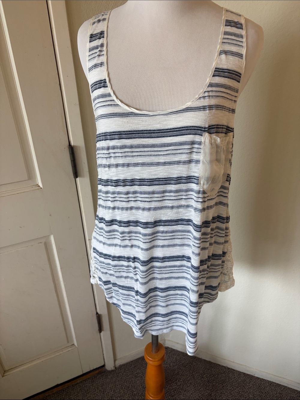 Language Striped Scoop Neck Tank Top in White and Navy